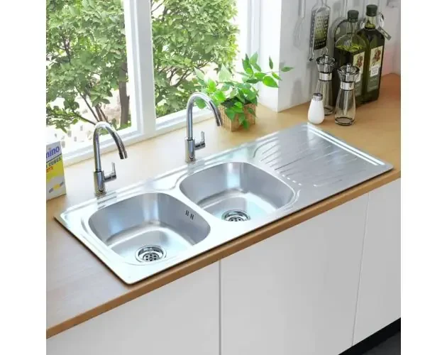 Fregadero de doble seno con colador y sifón de acero inoxidable 120x50x16cm | Brico Depôt Nuova Collezione